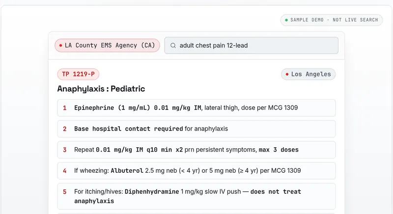 Protocol Guide search results for adult chest pain 12-lead in the LA County EMS Agency protocols, each step citing its protocol.
